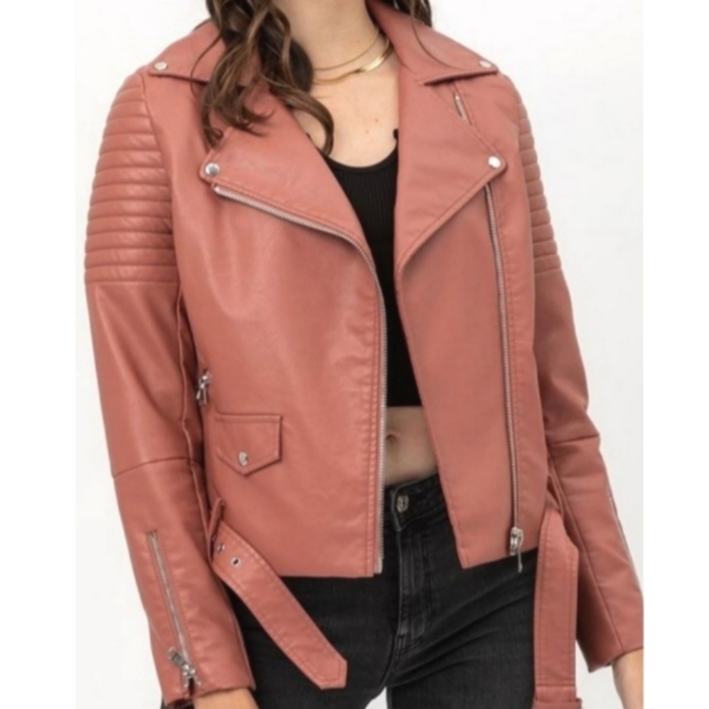 Pink Faux-leather asymmetrical Biker Jacket